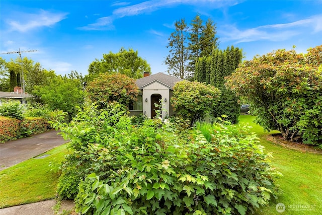 105 Shuksan St, Everson, WA 98247 - view of property hidden behind natural elements featuring a front yard, a chimney, and stucco siding