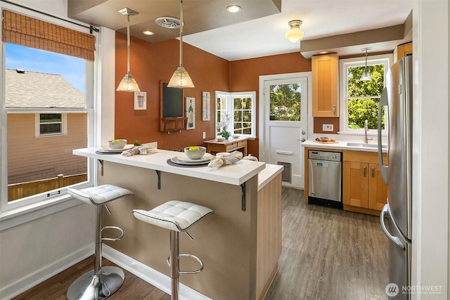 4521 47th Ave SW, Seattle, WA 98116 - kitchen featuring appliances with stainless steel finishes, light wood-type flooring, a kitchen breakfast bar, light countertops, and pendant lighting