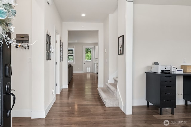 14717 73rd St E, Sumner, WA 98390 - corridor with dark wood-type flooring, stairs, and recessed lighting