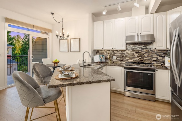 2840 139th Ave SE Unit 16, Bellevue, WA 98005 - kitchen with appliances with stainless steel finishes, under cabinet range hood, a peninsula, white cabinetry, and backsplash
