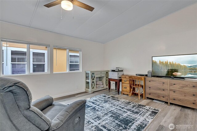 22111 108th Ave SE Unit 5, Kent, WA 98031 - living room featuring vaulted ceiling, light wood finished floors, ceiling fan, and an office area