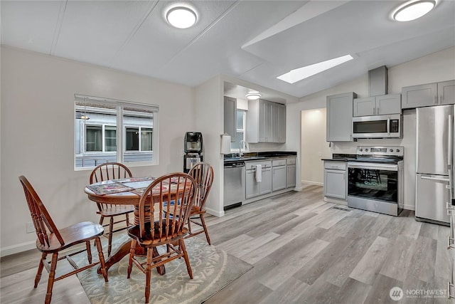 22111 108th Ave SE Unit 5, Kent, WA 98031 - kitchen with stainless steel appliances, gray cabinets, a skylight, dark countertops, and vaulted ceiling