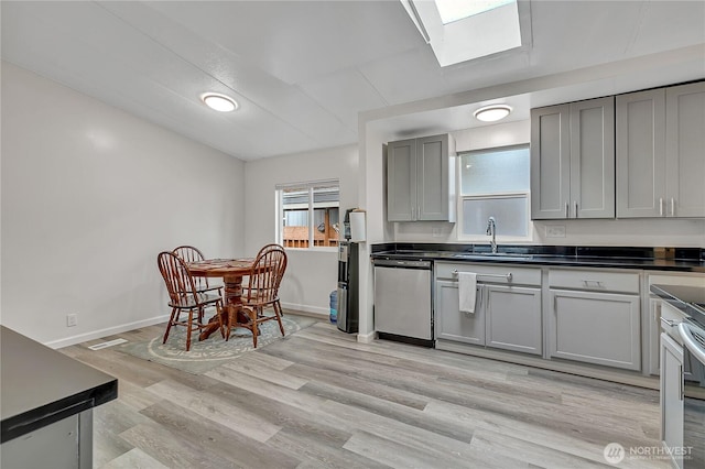 22111 108th Ave SE Unit 5, Kent, WA 98031 - kitchen with stainless steel dishwasher, dark countertops, a skylight, gray cabinets, and light wood-type flooring