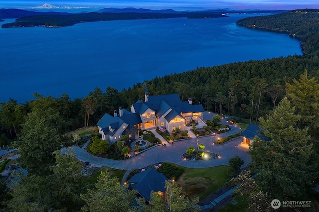 678 Primrose Ln, Friday Harbor, WA 98250 - aerial view of property and surrounding area with a forest and a water and mountain view