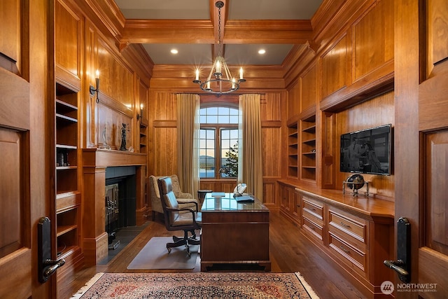 678 Primrose Ln, Friday Harbor, WA 98250 - office featuring built in features, wooden walls, ornamental molding, dark wood-style flooring, and a chandelier