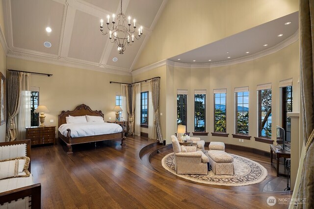 678 Primrose Ln, Friday Harbor, WA 98250 - bedroom with high vaulted ceiling, multiple windows, wood finished floors, a chandelier, and recessed lighting