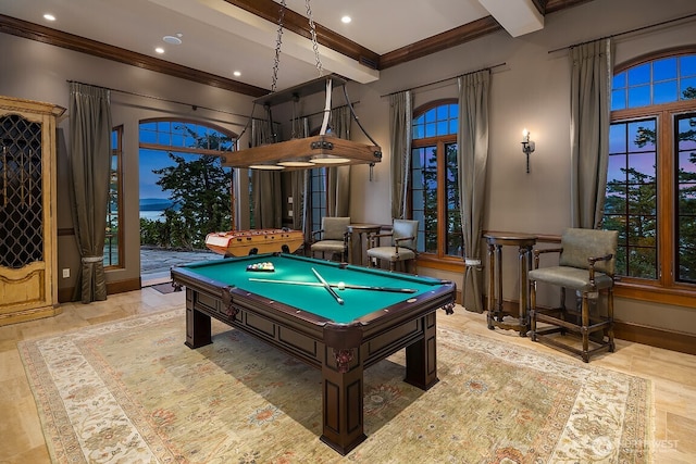 678 Primrose Ln, Friday Harbor, WA 98250 - recreation room with beam ceiling, recessed lighting, billiards table, ornamental molding, and plenty of natural light