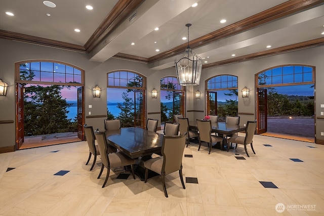678 Primrose Ln, Friday Harbor, WA 98250 - dining area featuring crown molding, a chandelier, recessed lighting, a towering ceiling, and a raised ceiling