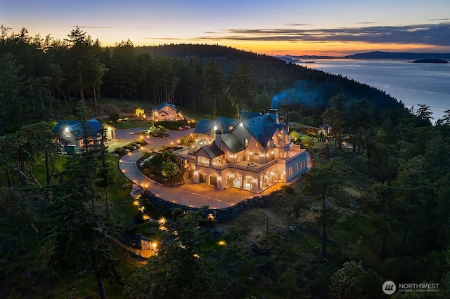 678 Primrose Ln, Friday Harbor, WA 98250 - aerial view of property and surrounding area with a heavily wooded area and a large body of water