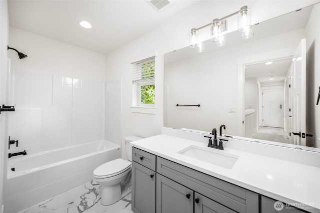 9 160th St SE, Bothell, WA 98012 - full bath with vanity, marble look tiles, shower / tub combination, and recessed lighting