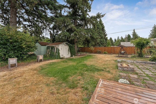 15627 SE 263rd Pl, Covington, WA 98042 - fenced backyard with a fire pit and a shed