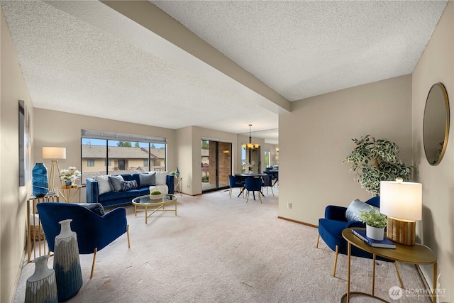 10637 Glen Acres Dr S Unit 10637, Seattle, WA 98168 - carpeted living room featuring a textured ceiling and a chandelier