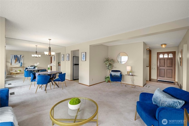 10637 Glen Acres Dr S Unit 10637, Seattle, WA 98168 - carpeted living area featuring a chandelier and a textured ceiling
