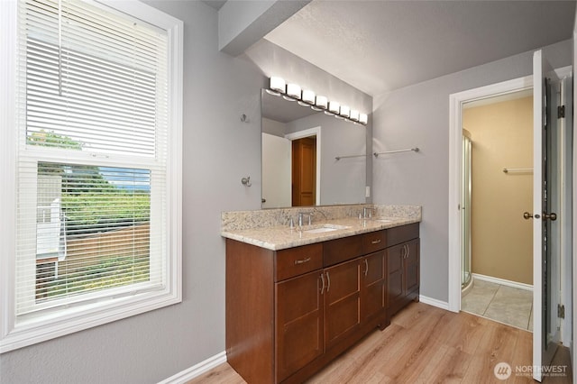 19828 Military Rd S Unit 3, Seatac, WA 98188 - full bath featuring double vanity, a stall shower, and wood finished floors