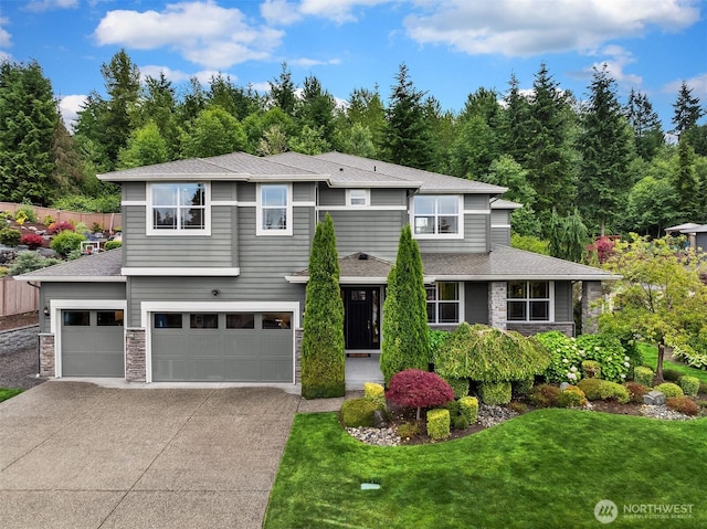19501 58th Ave SE, Bothell, WA 98012 - prairie-style home featuring stone siding, concrete driveway, a garage, and roof with shingles