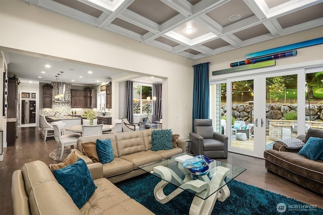 19501 58th Ave SE, Bothell, WA 98012 - living area featuring dark wood-style floors, coffered ceiling, beam ceiling, recessed lighting, and french doors