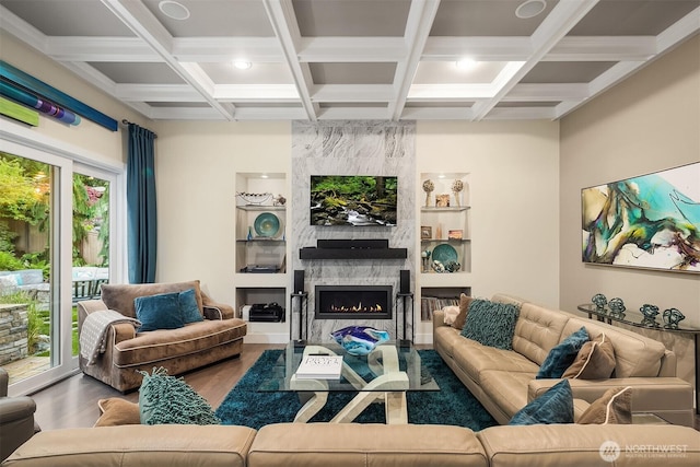 19501 58th Ave SE, Bothell, WA 98012 - living room with wood finished floors, a fireplace, coffered ceiling, and beamed ceiling