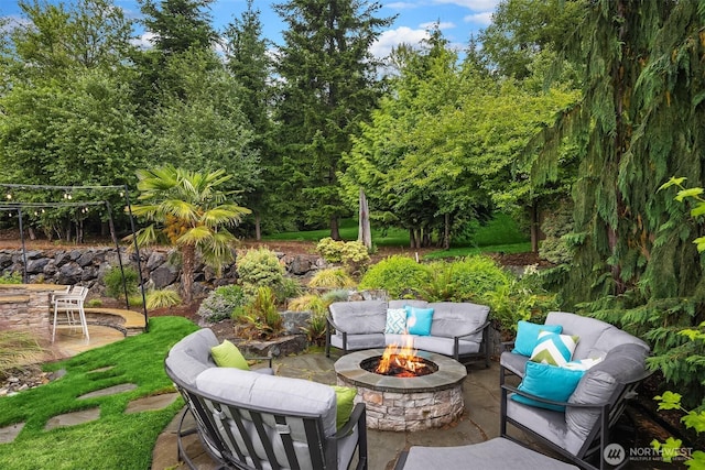 19501 58th Ave SE, Bothell, WA 98012 - view of patio featuring an outdoor living space with a fire pit