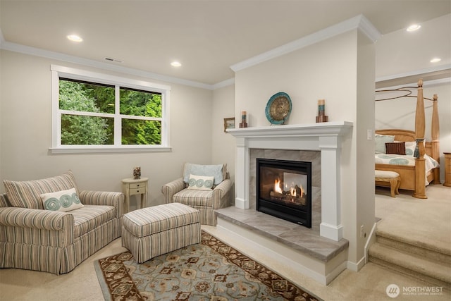 19501 58th Ave SE, Bothell, WA 98012 - living room featuring carpet, crown molding, a tiled fireplace, and recessed lighting