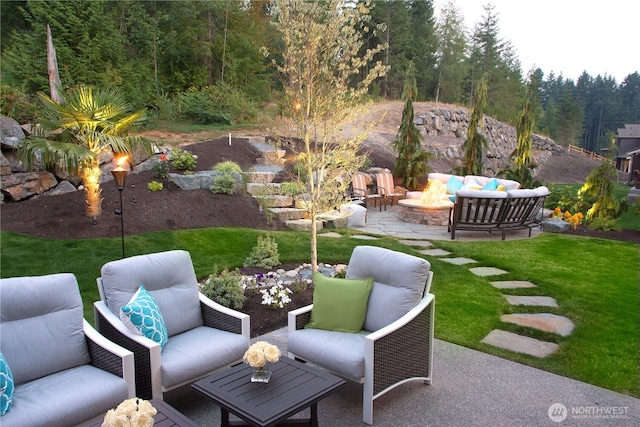 19501 58th Ave SE, Bothell, WA 98012 - view of patio / terrace with an outdoor living space with a fire pit and a forest view