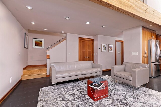 11261 E State Route 106, Union, WA 98592 - living area featuring recessed lighting, stairway, and dark tile patterned floors
