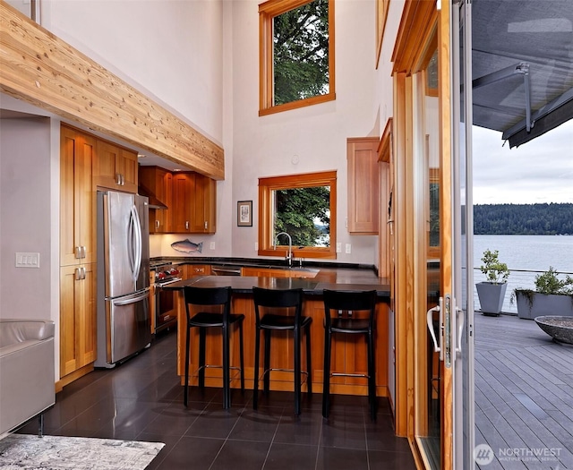 11261 E State Route 106, Union, WA 98592 - kitchen featuring stainless steel appliances, plenty of natural light, dark countertops, a peninsula, and a high ceiling