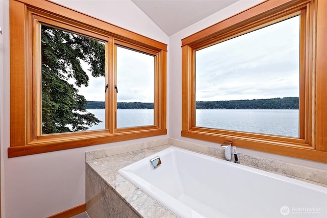 11261 E State Route 106, Union, WA 98592 - bathroom with plenty of natural light, a water view, a bath, and vaulted ceiling