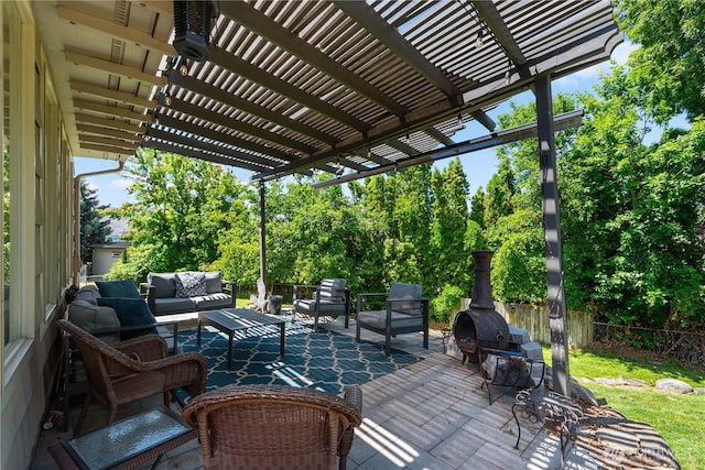 1714 N Astor Ct, East Wenatchee, WA 98802 - view of patio with outdoor lounge area, a pergola, and view of wooded area