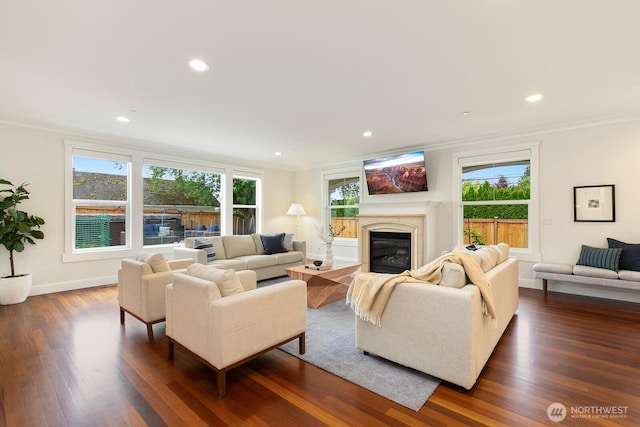 603 9th Ave, Kirkland, WA 98033 - living room with a glass covered fireplace, dark wood-type flooring, crown molding, and recessed lighting