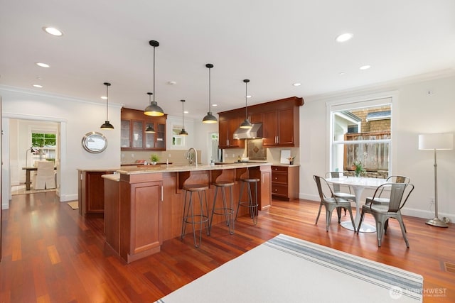603 9th Ave, Kirkland, WA 98033 - kitchen featuring ventilation hood, light countertops, dark wood-type flooring, an island with sink, and ornamental molding