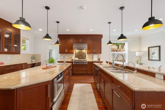 603 9th Ave, Kirkland, WA 98033 - kitchen featuring a large island with sink, under cabinet range hood, dark wood finished floors, plenty of natural light, and crown molding