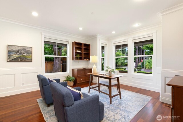 603 9th Ave, Kirkland, WA 98033 - living area featuring healthy amount of natural light, a wainscoted wall, dark wood-style floors, crown molding, and a desk