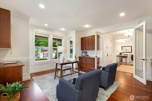 603 9th Ave, Kirkland, WA 98033 - living room featuring ornamental molding, dark wood-style floors, recessed lighting, and a wainscoted wall