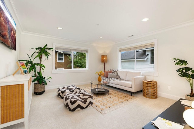 603 9th Ave, Kirkland, WA 98033 - living room featuring carpet flooring, crown molding, and recessed lighting