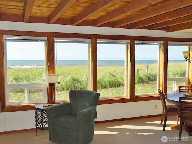 1407 Ocean Shores Blvd SW Unit 1N-I, Ocean Shores, WA 98569 - sunroom / solarium with a water view, beam ceiling, and carpet flooring