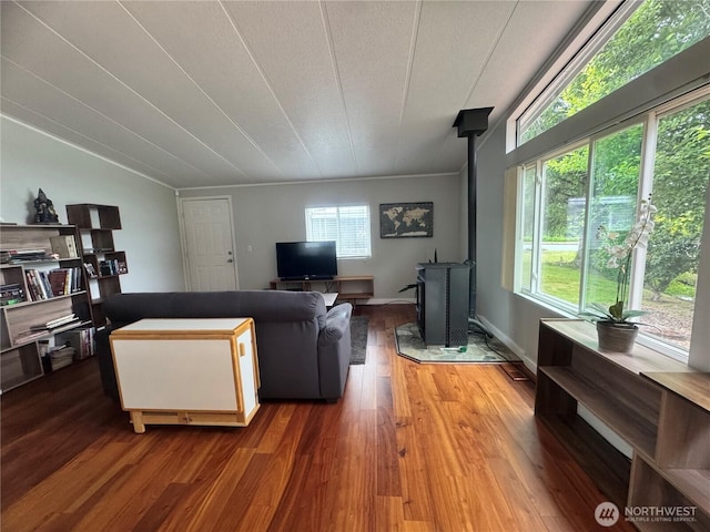 3611 I St NE Unit 291, Auburn, WA 98002 - living area featuring a wood stove, healthy amount of natural light, wood finished floors, and vaulted ceiling