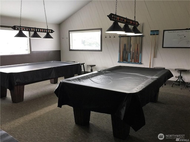 3611 I St NE Unit 291, Auburn, WA 98002 - rec room featuring billiards, carpet, lofted ceiling, and wooden walls