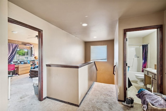 701 Stratford Pl, Sultan, WA 98294 - hall with an upstairs landing, carpet, and recessed lighting