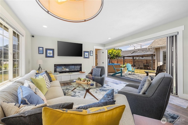 214 S Bradley St, Chelan, WA 98816 - living area featuring wood finished floors, recessed lighting, and a glass covered fireplace