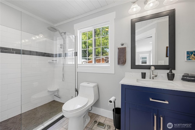214 S Bradley St, Chelan, WA 98816 - bathroom with vanity, a walk in shower, and crown molding