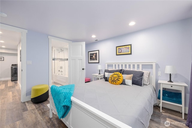 214 S Bradley St, Chelan, WA 98816 - bedroom featuring wood finished floors, washer / dryer, recessed lighting, and connected bathroom