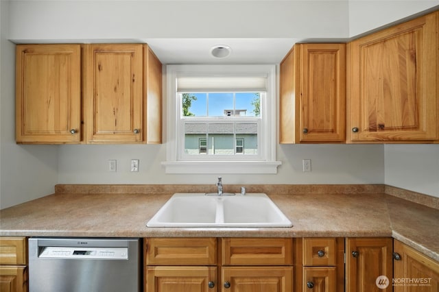 521 S Park St, Walla Walla, WA 99362 - kitchen with stainless steel dishwasher, light countertops, and brown cabinets