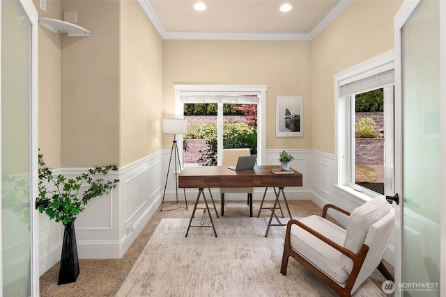 14248 SE Allen Rd, Bellevue, WA 98006 - carpeted home office with crown molding, wainscoting, and a decorative wall