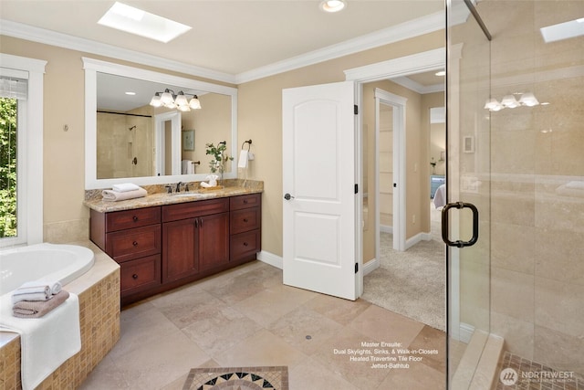 14248 SE Allen Rd, Bellevue, WA 98006 - bathroom with a skylight, a stall shower, vanity, a bath, and crown molding