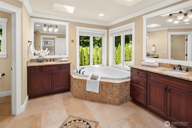 14248 SE Allen Rd, Bellevue, WA 98006 - full bath with a garden tub, two vanities, ornamental molding, tile patterned flooring, and a skylight