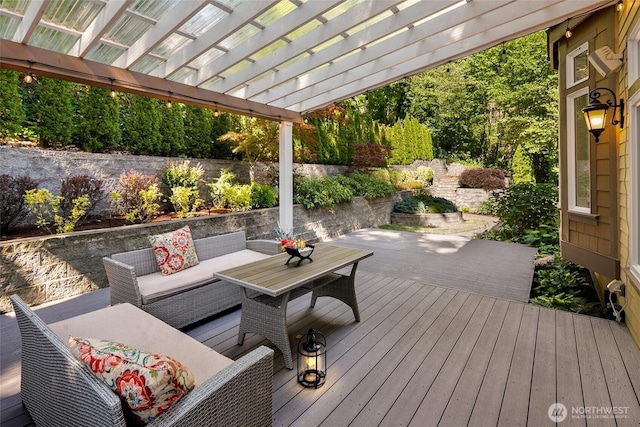 14248 SE Allen Rd, Bellevue, WA 98006 - deck featuring an outdoor hangout area and a pergola