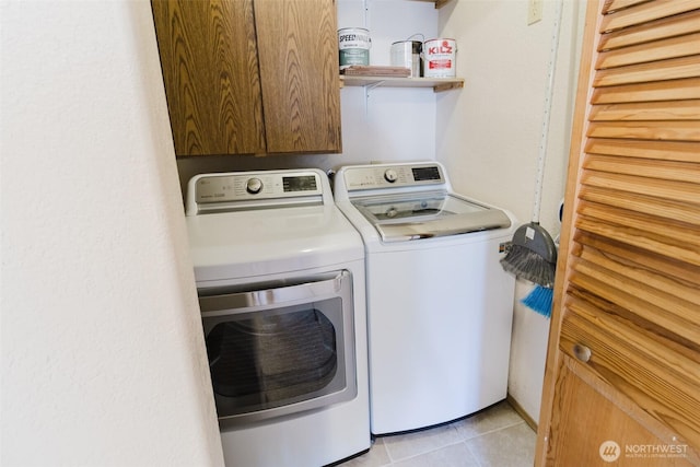 7601 Greenridge Loop SW, Olympia, WA 98512 - laundry area with independent washer and dryer, cabinet space, and light tile patterned flooring