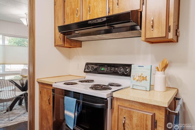 1121 244th St SW Unit 49, Bothell, WA 98021 - kitchen with white electric range, under cabinet range hood, light countertops, and brown cabinets