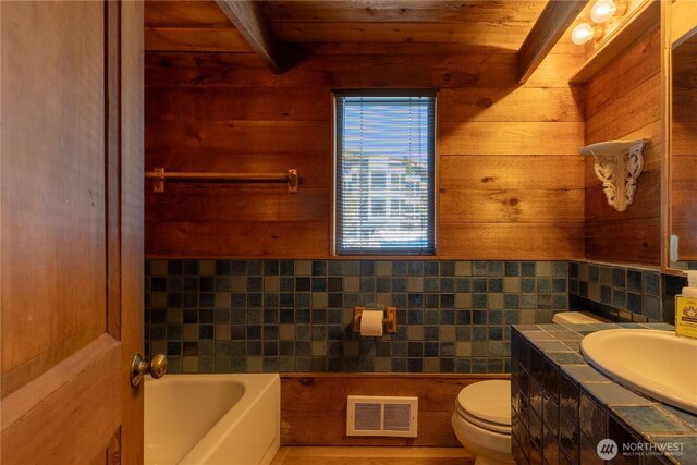 3123 Fairview Ave E Unit 2, Seattle, WA 98102 - bathroom featuring wooden ceiling, vanity, a tub, wooden walls, and tile walls
