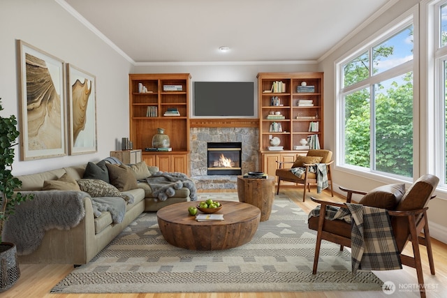 14691 NE 16th St, Bellevue, WA 98007 - living room with plenty of natural light, crown molding, a stone fireplace, and light wood finished floors